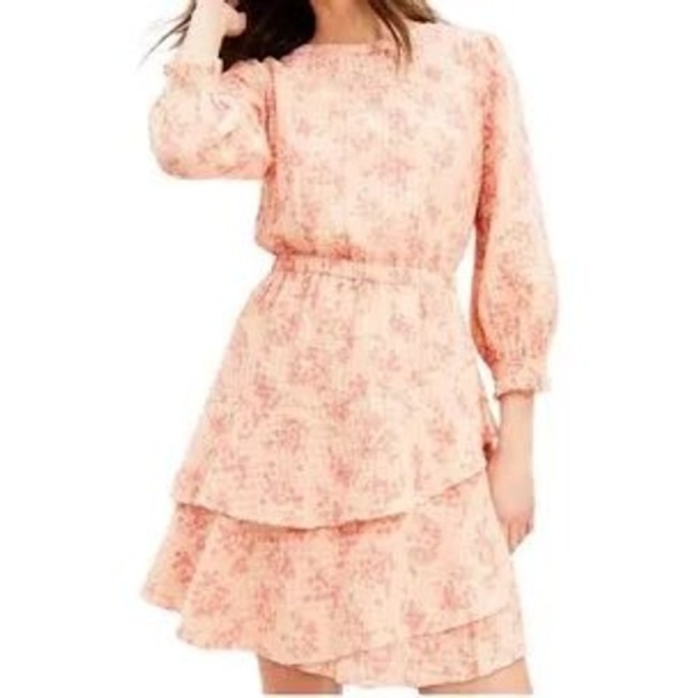 LOFT Dress Womens Medium Peach NWT Floral Tiered Ruffle Cotton Long Sleeve Mini